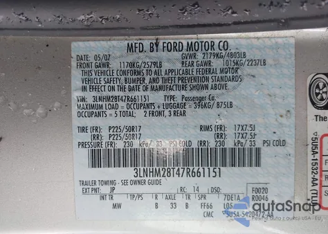 2007 Lincoln Mkz from USA, damaged, VIN 3LNHM28T47R661151